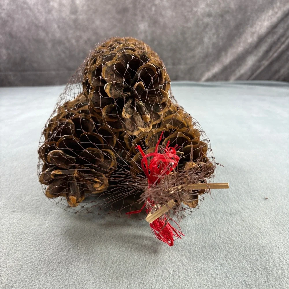 Large Natural Decorative Pine Cones Set of 3 Brown Mesh Bag Red Bow Rustic Decor